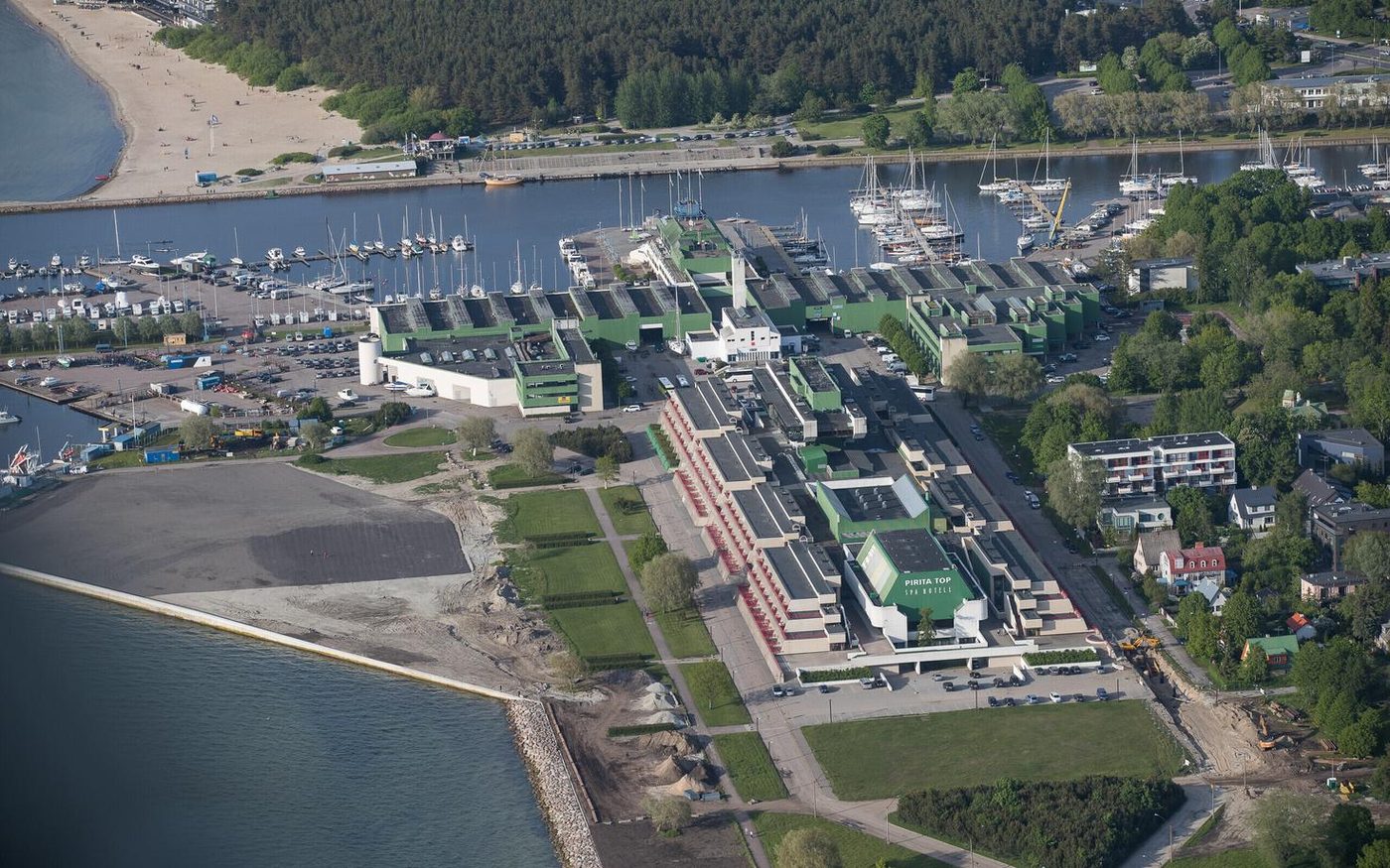 Aerial view of a Tallinn waterfront development and marina